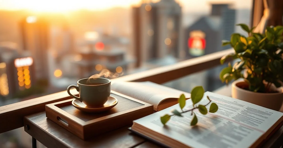 부모 휴식을 위한 따뜻한 차와 저녁 발코니