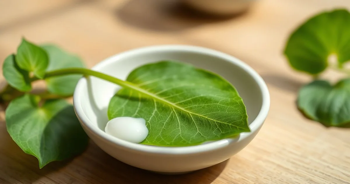 병풀잎과 마데카소사이드 크림 방울 클로즈업