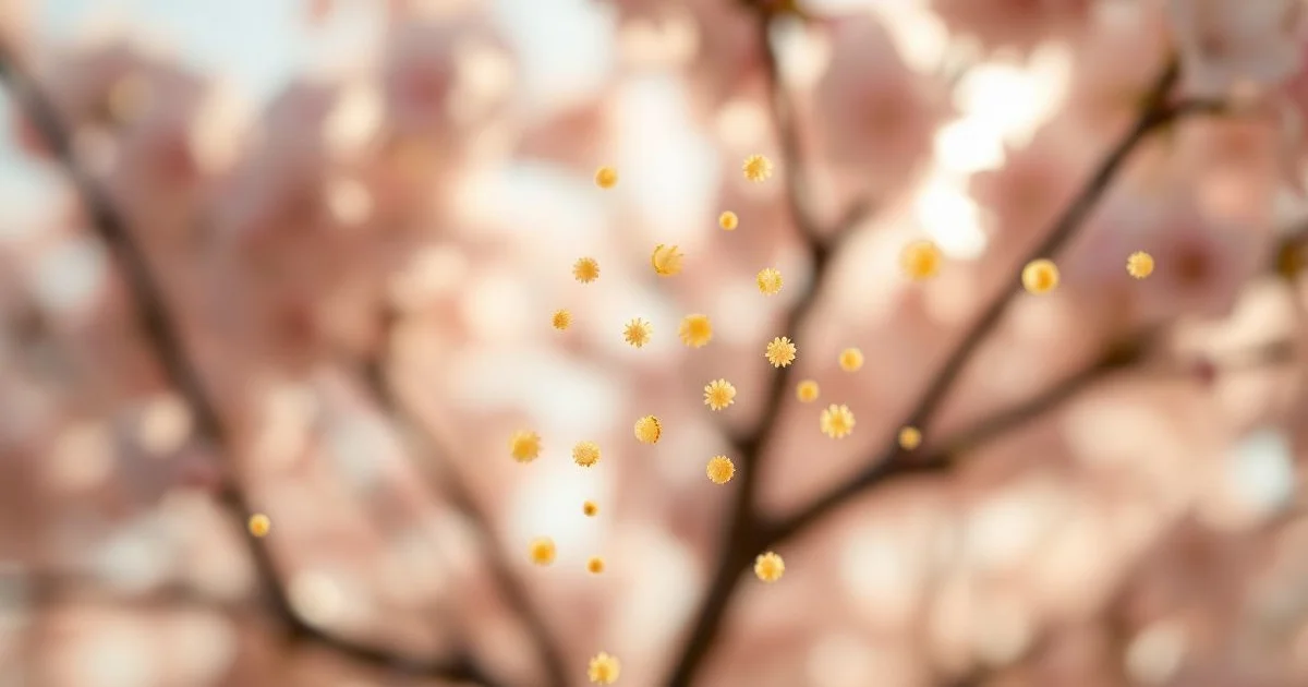 봄철 벚꽃 사이로 날리는 꽃가루 입자 클로즈업