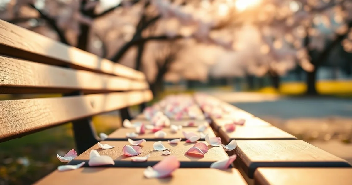 벚꽃 꽃잎이 흩날리는 봄 공원 벤치