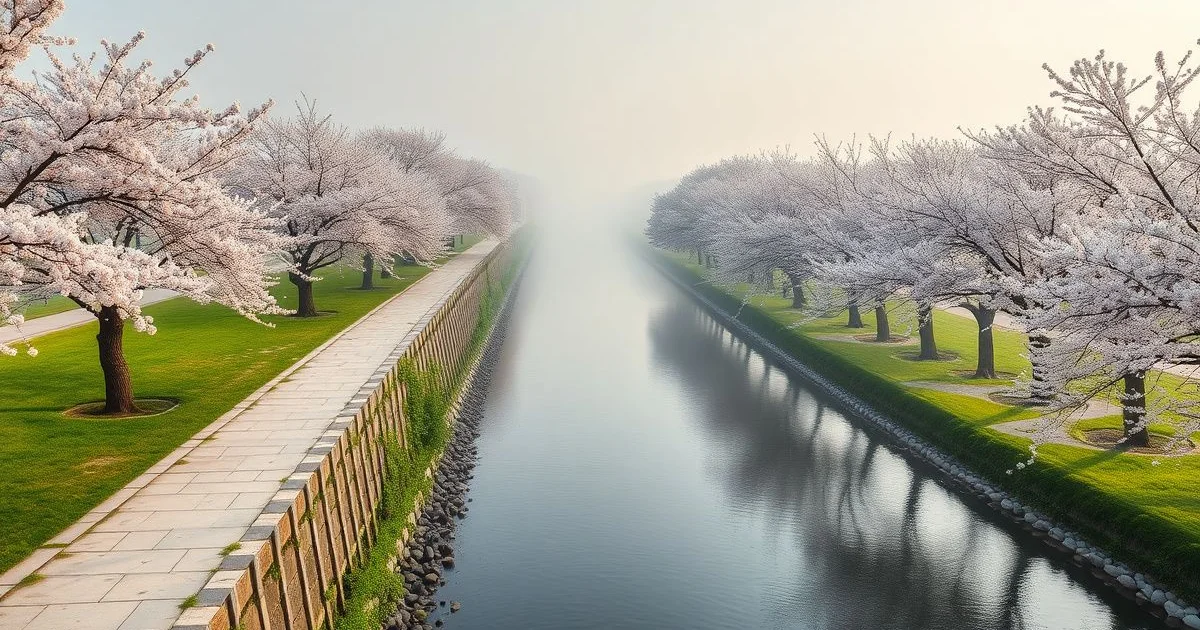 벚꽃 만개한 한국 하천변 봄 풍경