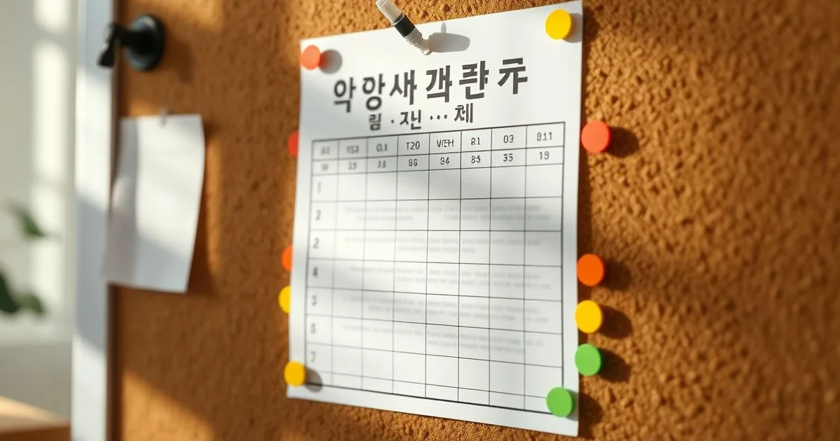 급식 식단표에 색깔 스티커 표시 장면