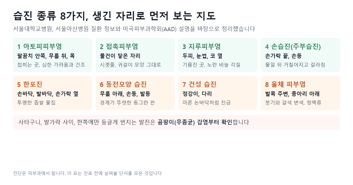 습진 종류 8가지와 생기는 자리: 아토피피부염은 접히는 곳, 접촉피부염은 물건이 닿은 자리, 지루피부염은 두피와 눈썹과 코 옆, 손습진은 손가락 끝과 손등, 한포진은 손바닥과 발바닥, 동전모양 습진은 무릎 아래와 손등, 건성 습진은 정강이, 울체 피부염은 발목 주변